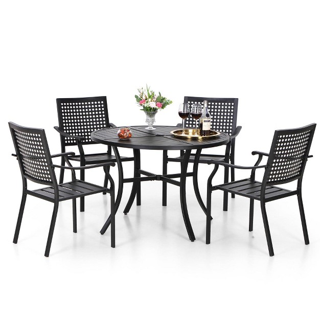 5pc Outdoor Dining Set With Metal Slat Round Table With Umbrella Hole Captiva Designs