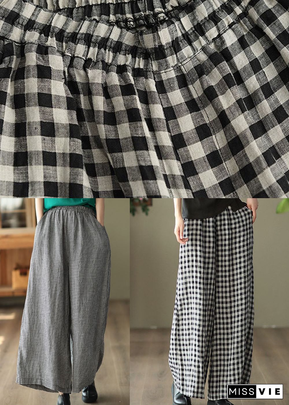 Small Plaid Pockets Patchwork Casual Linen Wide Leg Pants Summer