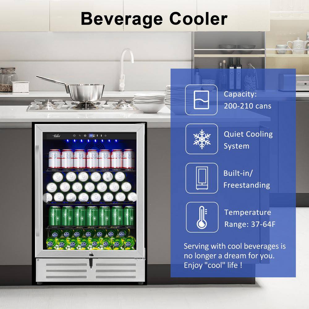 Velivi 24 in. 210 (12 oz.) Can Built-inFreestanding Beverage Cooler Fridge with Adjustable Shelves in Stainless Steel KMYL150HD