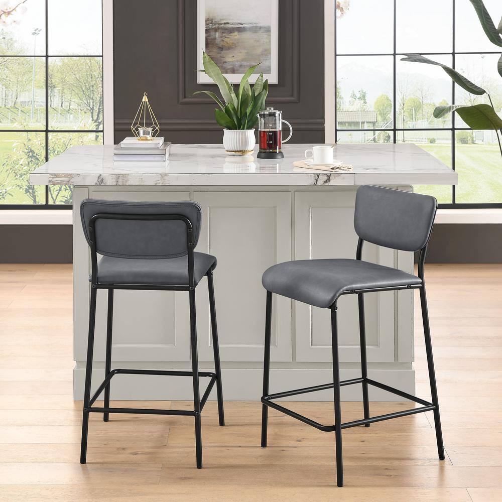 34.5 in. Gray Low Back Metal Bar Stools, Dining Chair Counter Stools with Footrest and Faux Leather Seat (Set of 2) HY02012Y