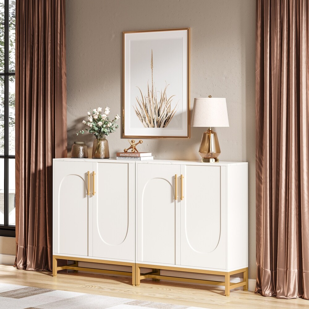 Sideboard Buffet Cabinet  White Gold Buffets with 4 Doors  Side Storage Cabinet