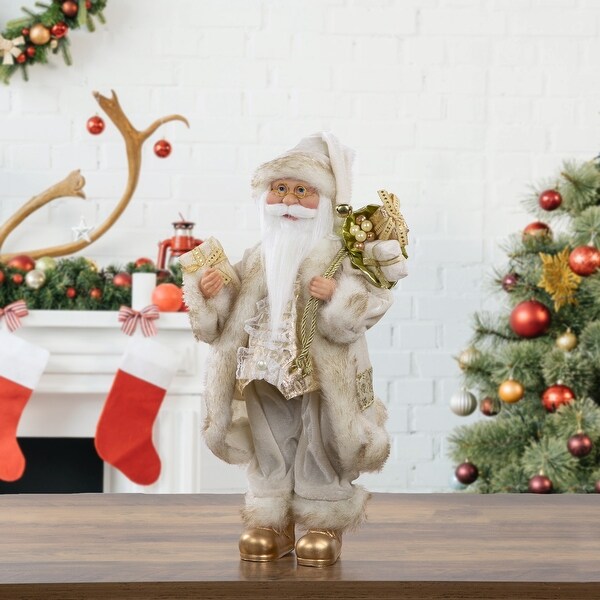 18 Ivory and Gold Santa Claus with Gift Bag Christmas Figure