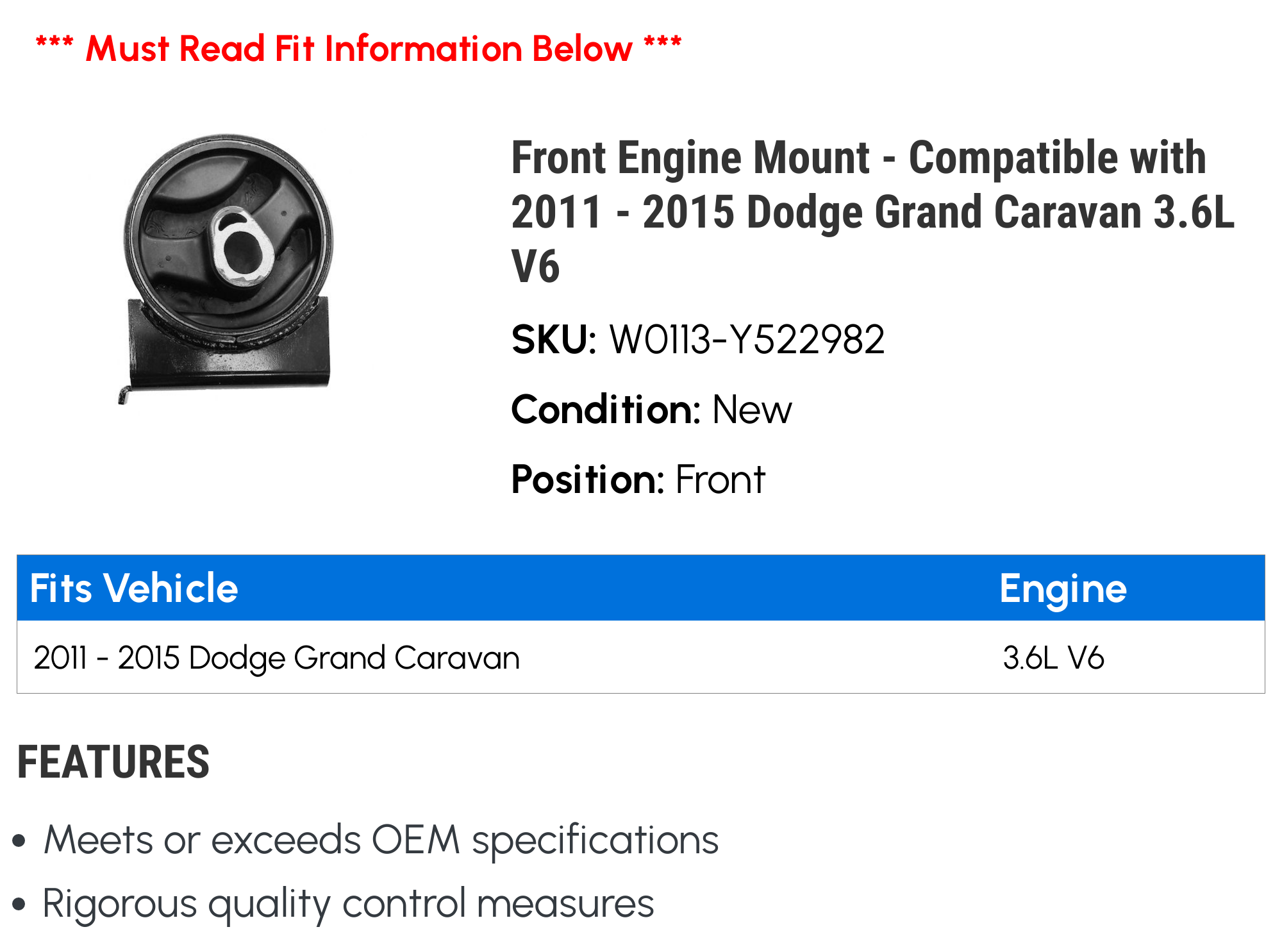 Front Engine Mount - Compatible with 2011 - 2015 Dodge Grand Caravan 3.6L V6 2012 2013 2014