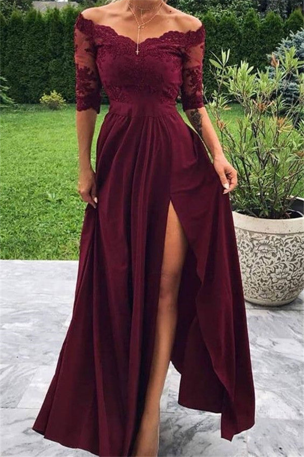 Burgundy Half Sleeves Lace Prom Dress Long With Slit