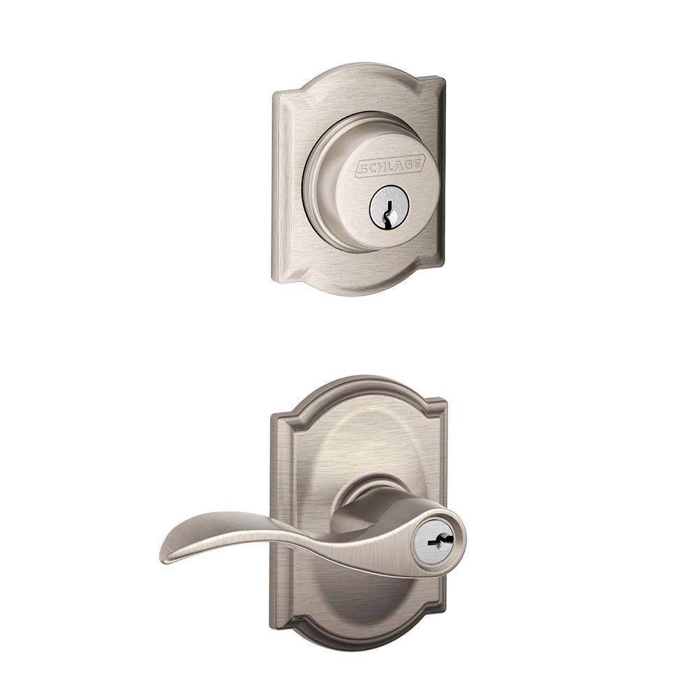 Schlage Accent Satin Nickel Single Cylinder Deadbolt and Keyed Entry Door Handle with Camelot Trim Combo Pack FB55N V ACC 619 CAM