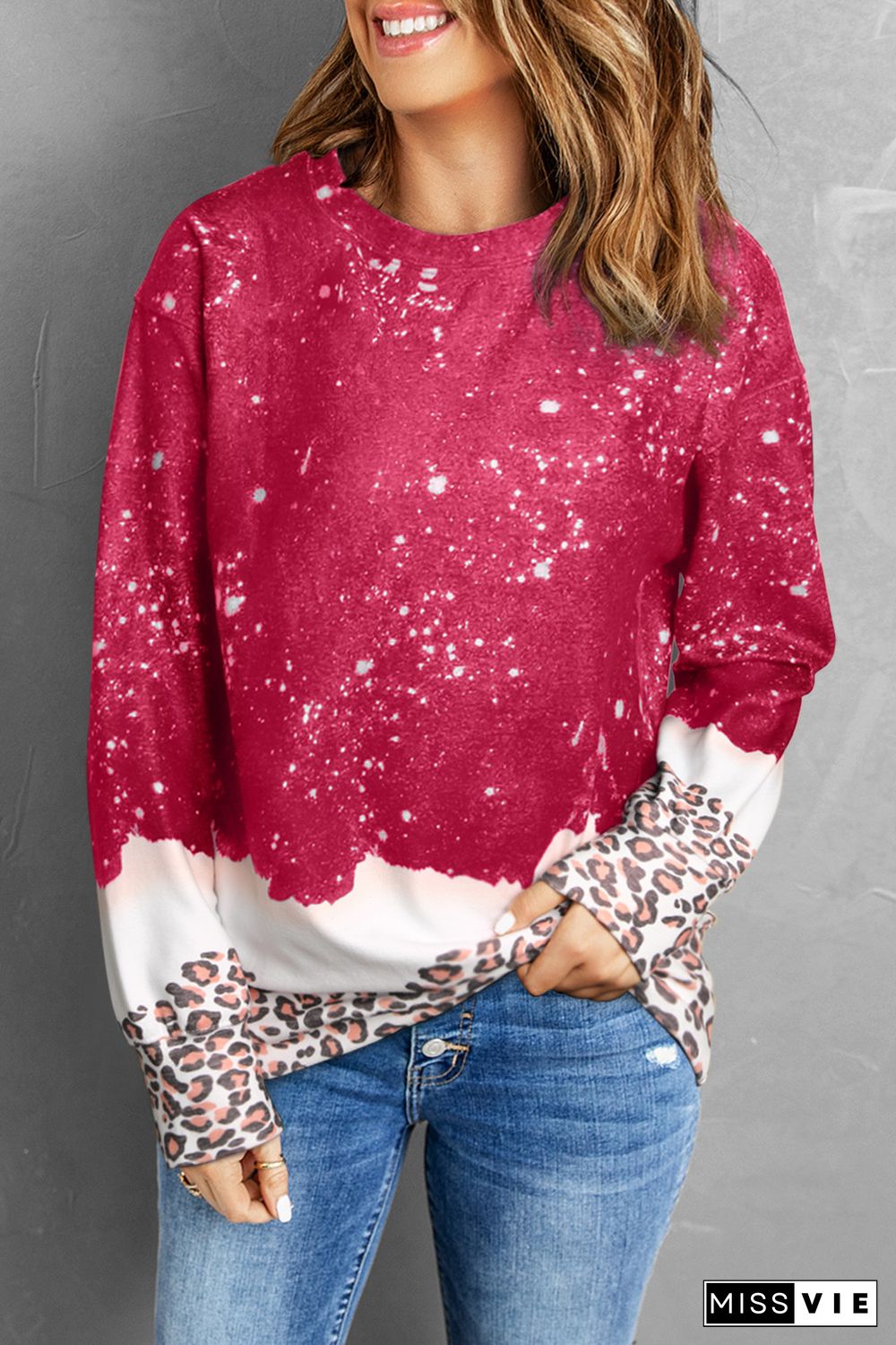 Red Leopard Bleached Pullover Sweatshirt