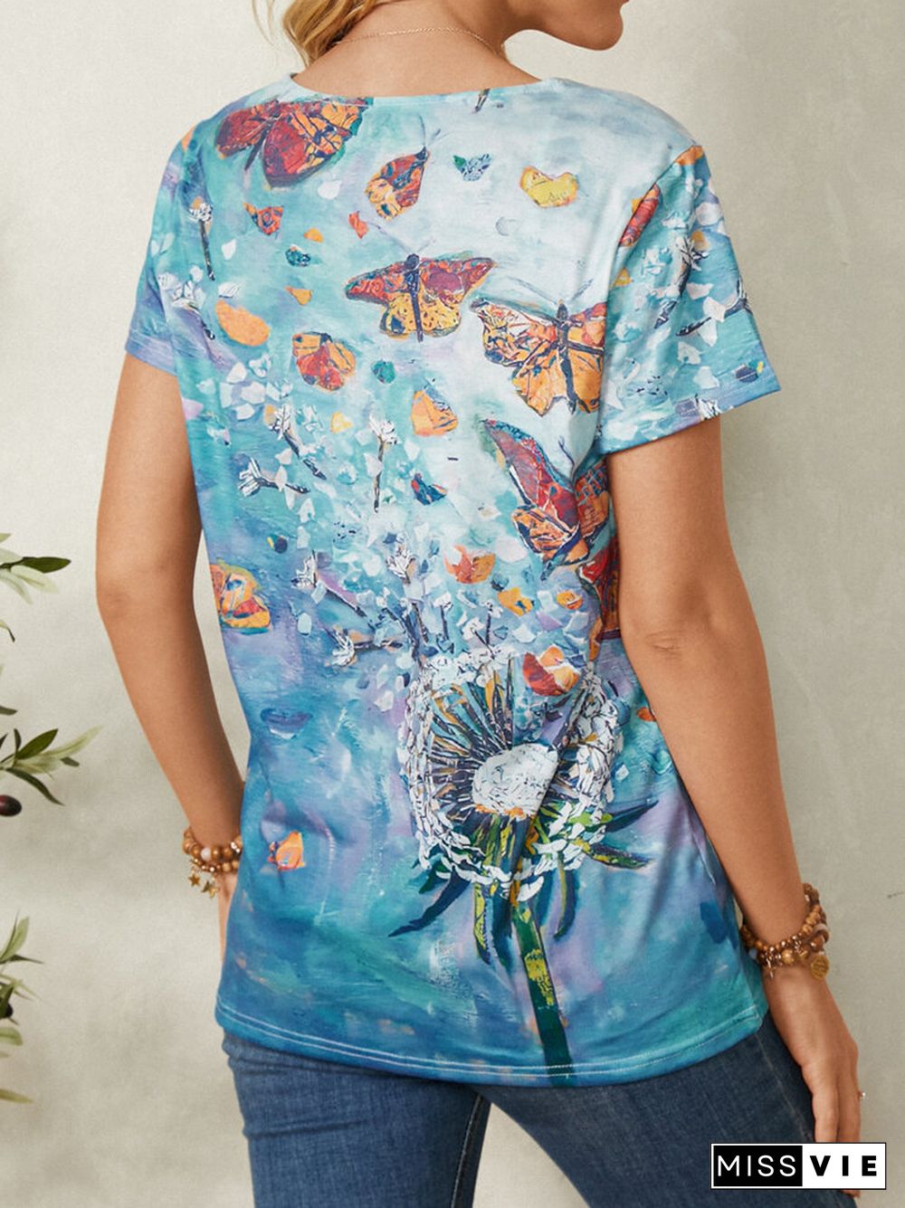 Butterfly Print V-neck Short Sleeve Casual T-Shirt For Women