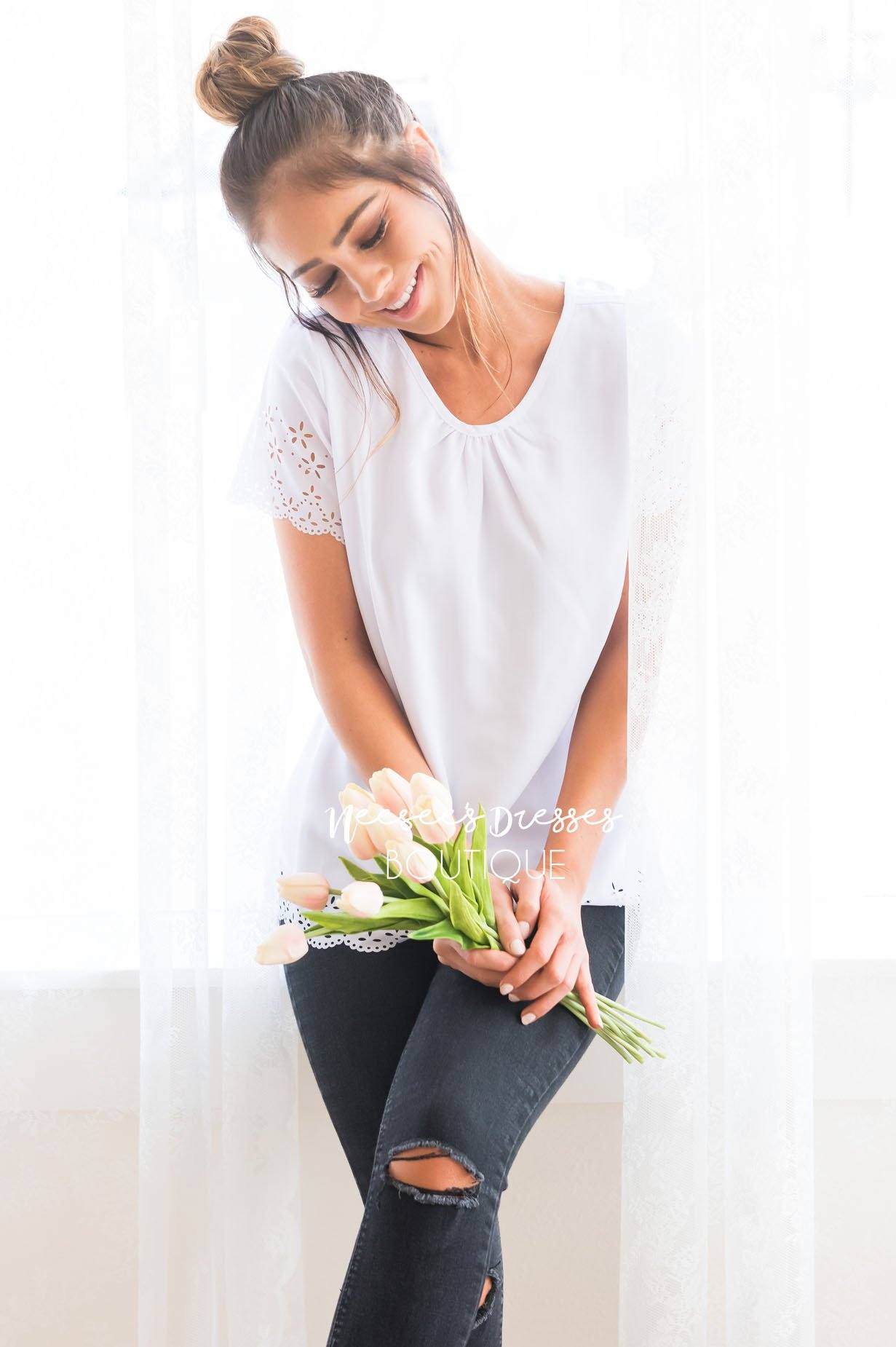 Living In The Moment Modest Eyelet Blouse