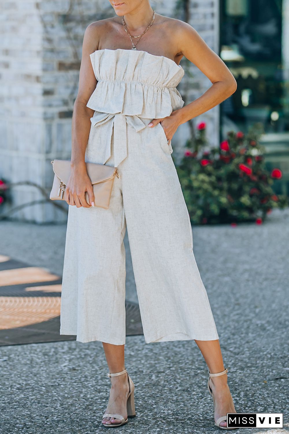 Beige Ruffled Strapless Wide Leg Jumpsuit