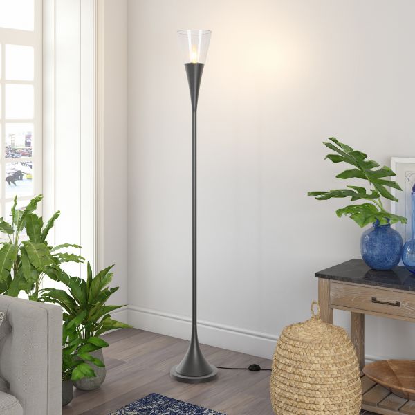 Moura Torchiere Floor Lamp with Glass Shade in Aged Steel/Seeded