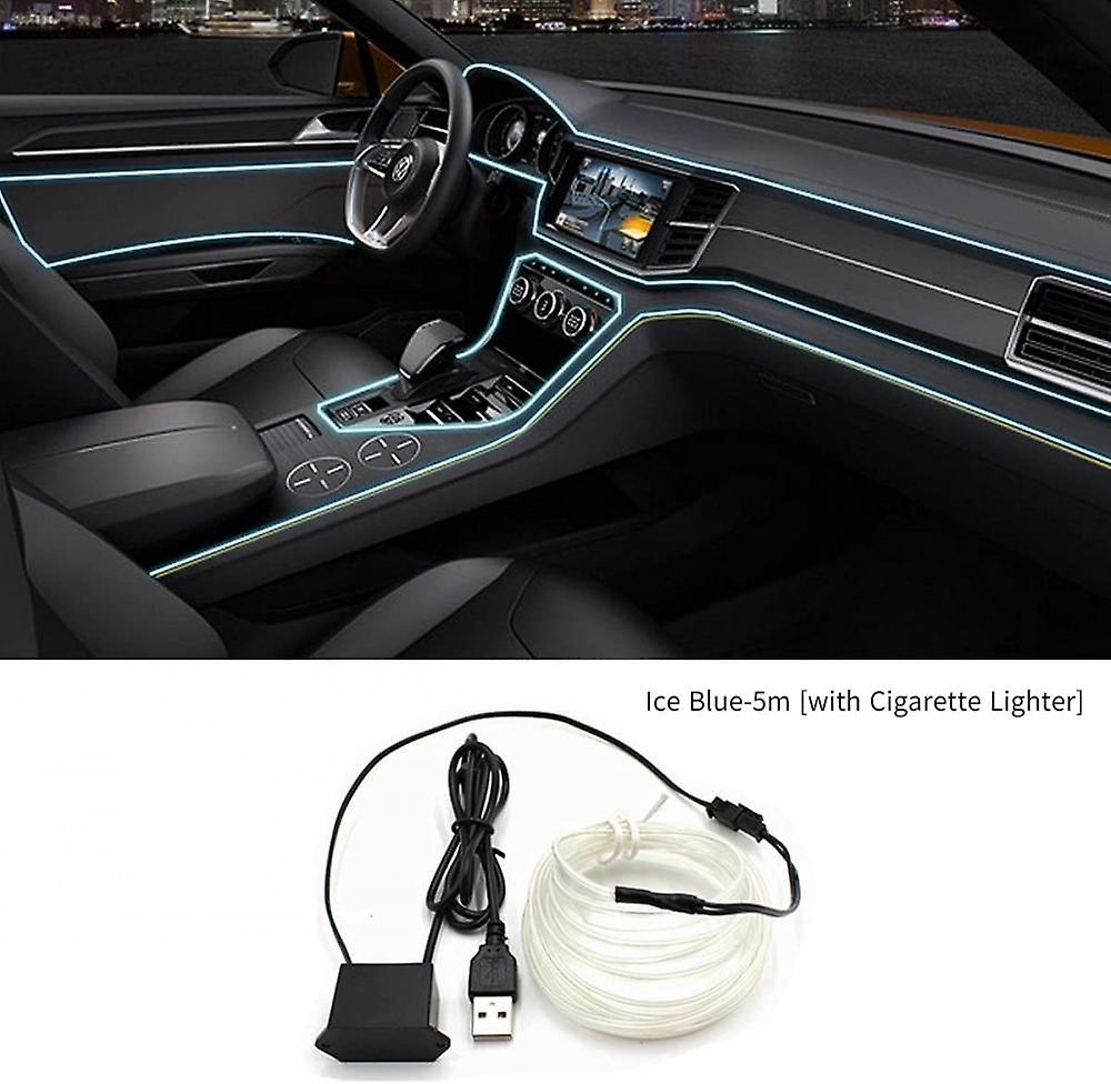 Cold Light Car Atmosphere Light Led Interior Atmosphere Light Luminous Line Door Slit Light-ice Blue-5m [with Cigarette Lighter] (one Set)