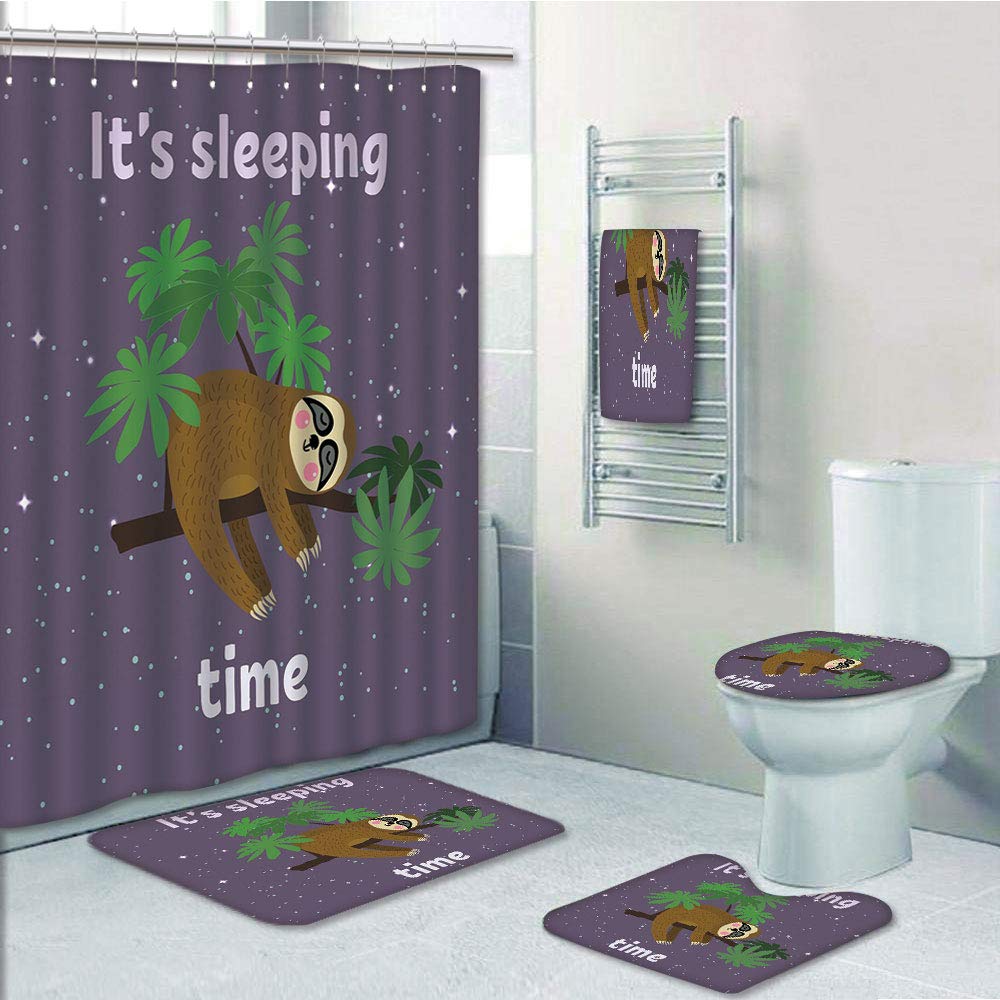 PRTAU Sloth Cute Cartoon Character Sleeping on Branch Jungle Animal in Night Sky Kids Plum 5 Piece Bathroom Set Shower Curtain Bath Towel Bath Rug Contour Mat and Toilet Lid Cover