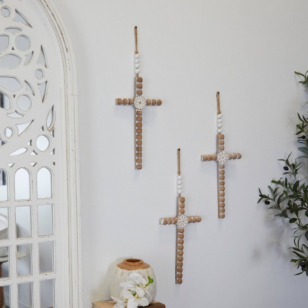 Set Of 3 Wood Biblical Carved Beaded Crosses Wall Decors With Rope Hanger Light Brown Olivia amp May