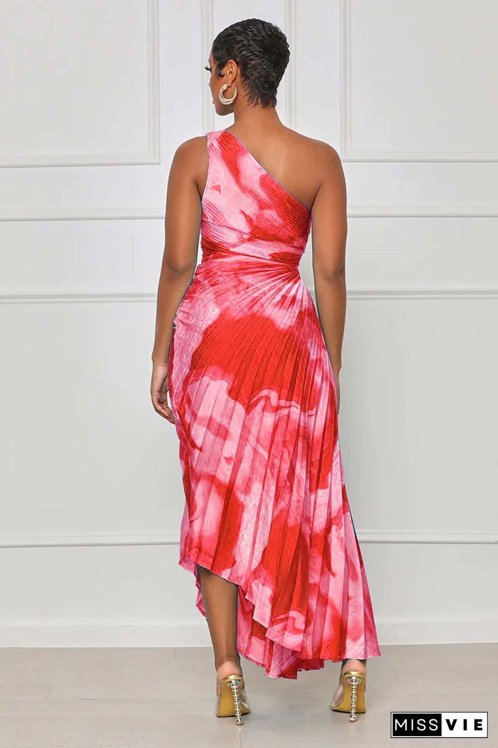 Summer New Sexy One-shoulder Print Pleated Dress