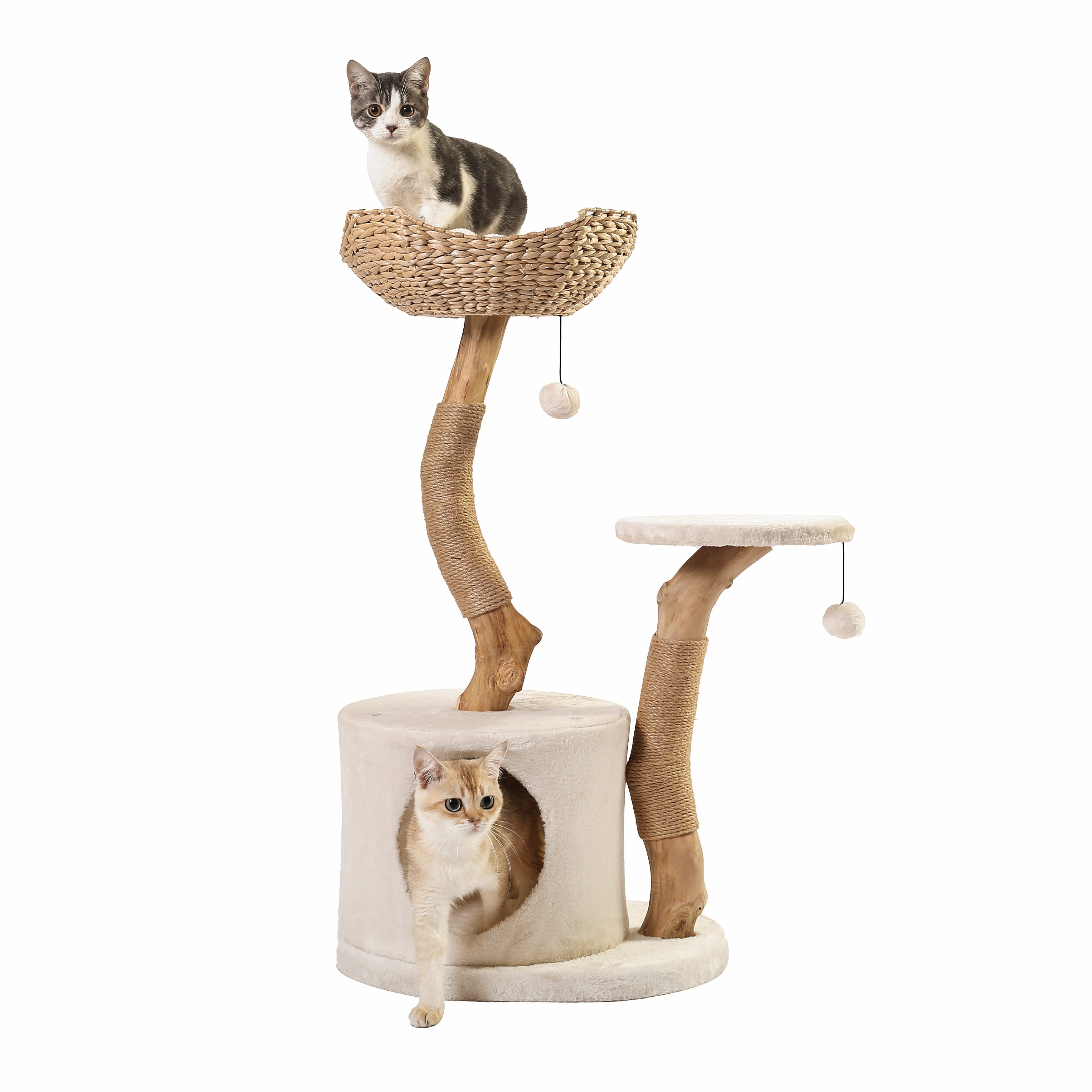 Konelcare Wood Cat Tree-Modern Cat Tower with Hiding Enclosure,White