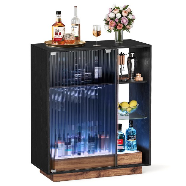 Vasagle Wine Bar Cabinet With Lights Led Sideboard Cabinet With Wine Storage Coffee Bar Cabinet For Liquor With Glass Holder Ebony Black