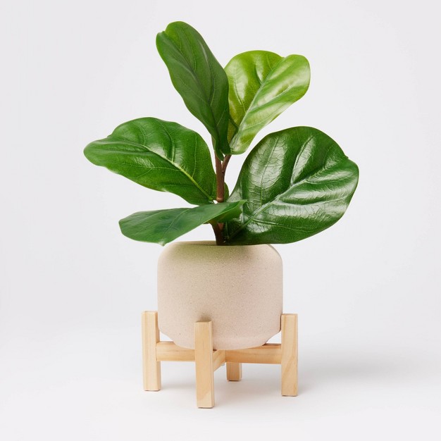 Faux Fiddle Leaf Plant With Stone Pot And Wooden Stand