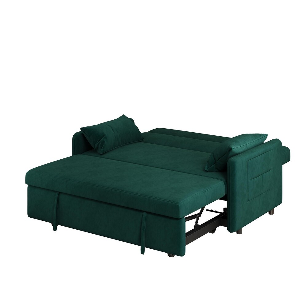 Modern Sleeper Loveseat with Pull out Sofa Bed  Pillows for Living Room  Velvet Folding Loveseat Recliner Bed with Pocket  Green