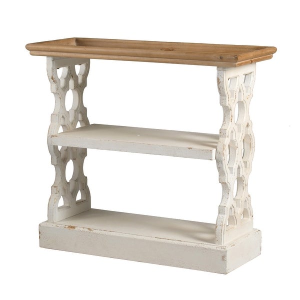 35 Inch 3 Tier Console Table， Fir Wood， Carved Panels， Brown and White