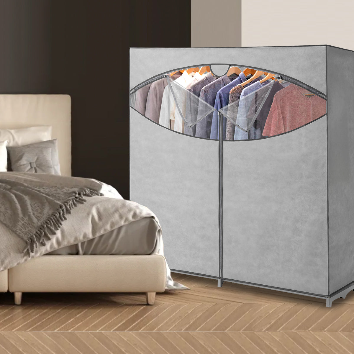 Portable Wardrobe Clothes Storage Closet - Hanging Rack - 60"W -Grey - Non Woven Material