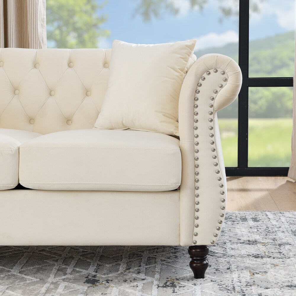 Beige Velvet Sleeper Loveseat Chesterfield Lounge Bench w/ 2 Pillows