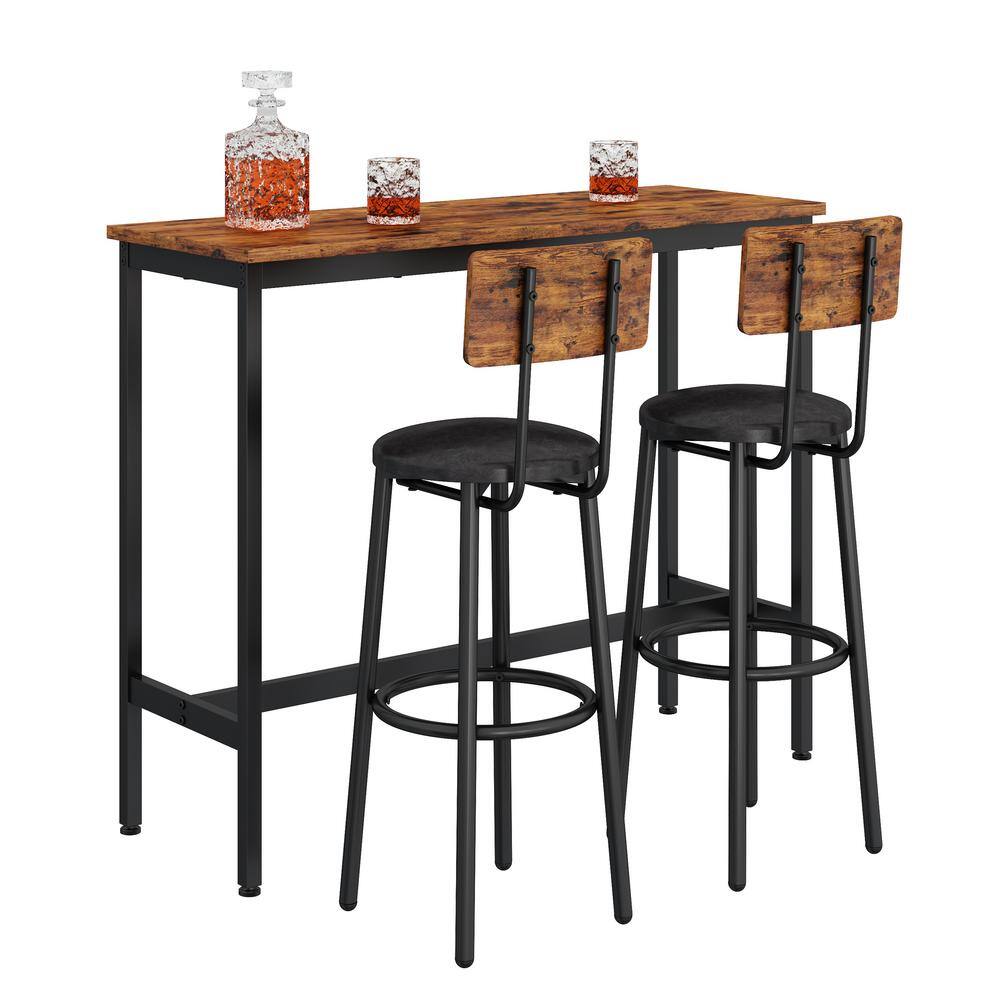 URTR 3-Piece Rectangular Rustic Brown Wood Bar Table Set with 2 Bar Stools Faux Leather Seat with Back and Footrest Seats 2 HY02035Y