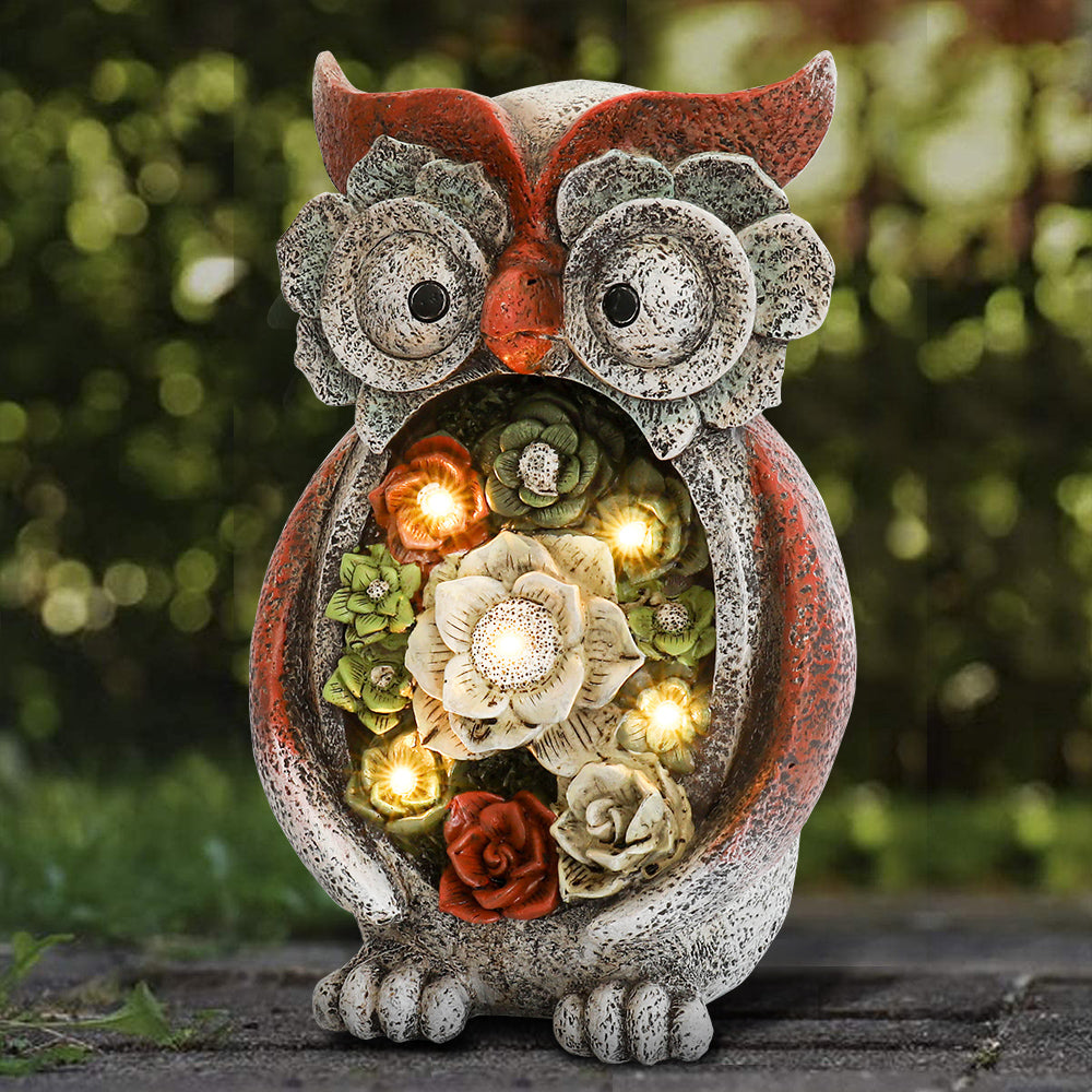 Garden Statue Owl Figurine - Resin Statue with Solar LED Lights for Patio Yard Art Decor, Lawn Ornaments, Indoor Outdoor Decorations