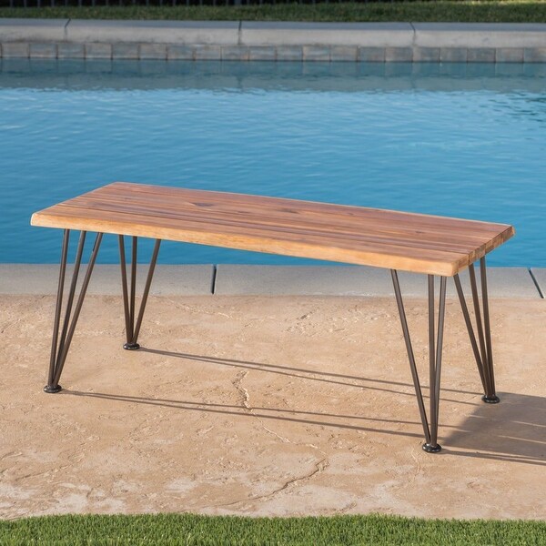 Outdoor Industrial Coffee Table， Teak Finish， Rustic Metal