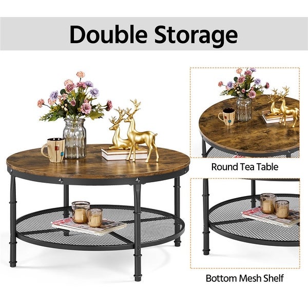 Round Metal Coffee Table with Storage Shelf， Rustic Brown