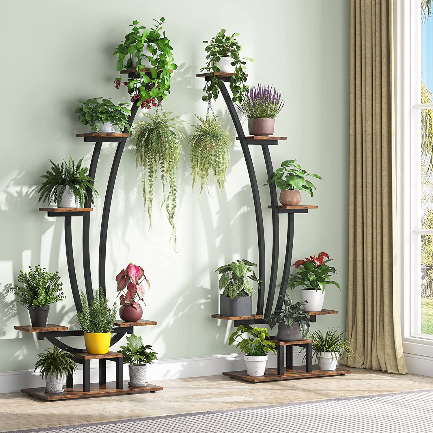 Tribesigns 6-Tier Tall Indoor Plant Stand Pack of 2, Metal Curved Display Shelf with 2 Hanging Hooks, Multi-Purpose Bonsai Flower Pots Plant Rack for Indoor, Garden, Balcony, Living Room, Brown