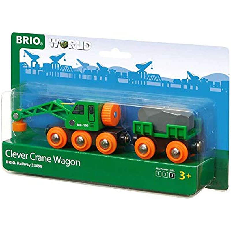 BRIO World 33698 - Clever Crane Wagon Set - 4 Piece Wooden Toy Train Accessory and Crane Toy for Kids Ages 3 and Up