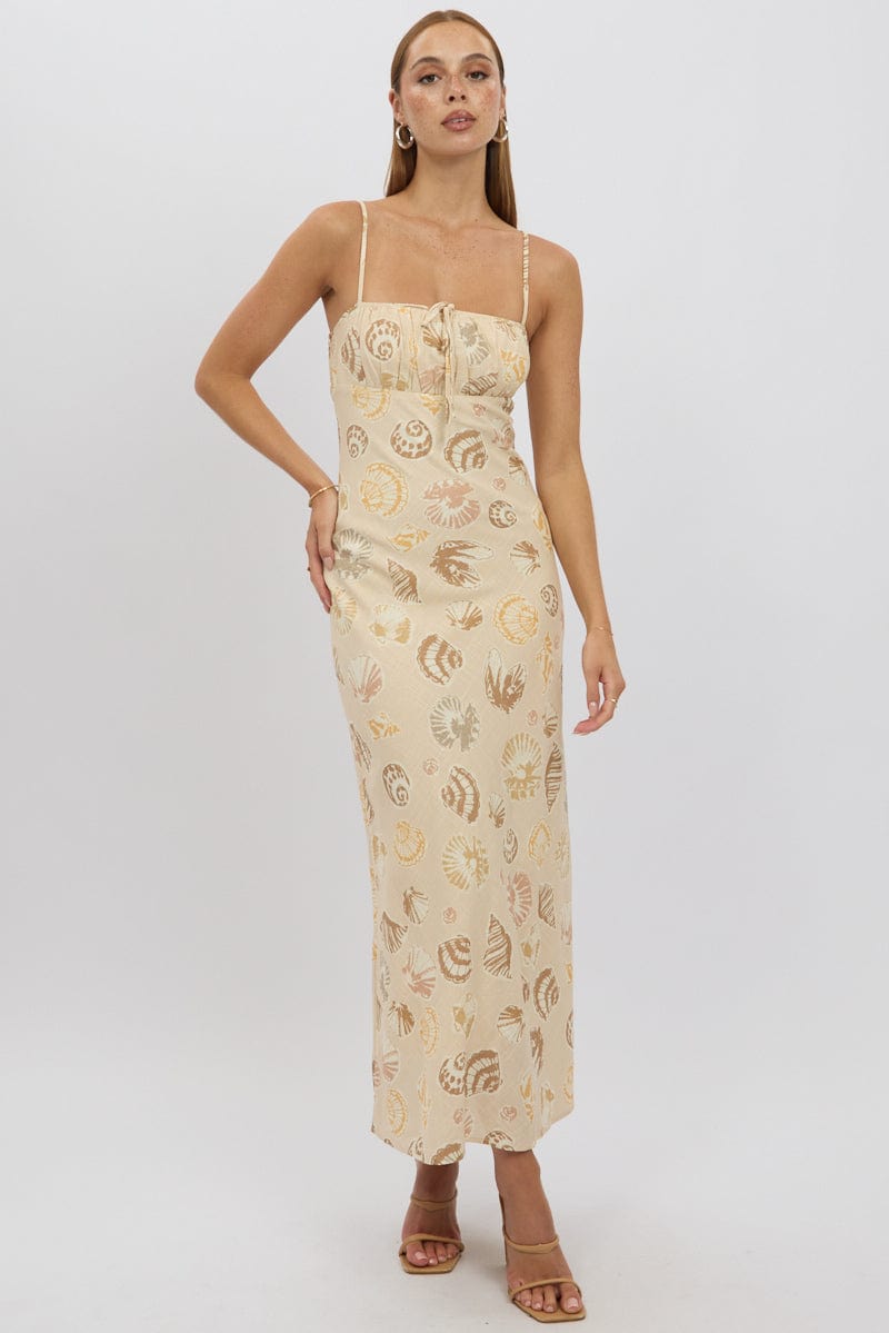 Beige Abstract Midi Dress Strappy