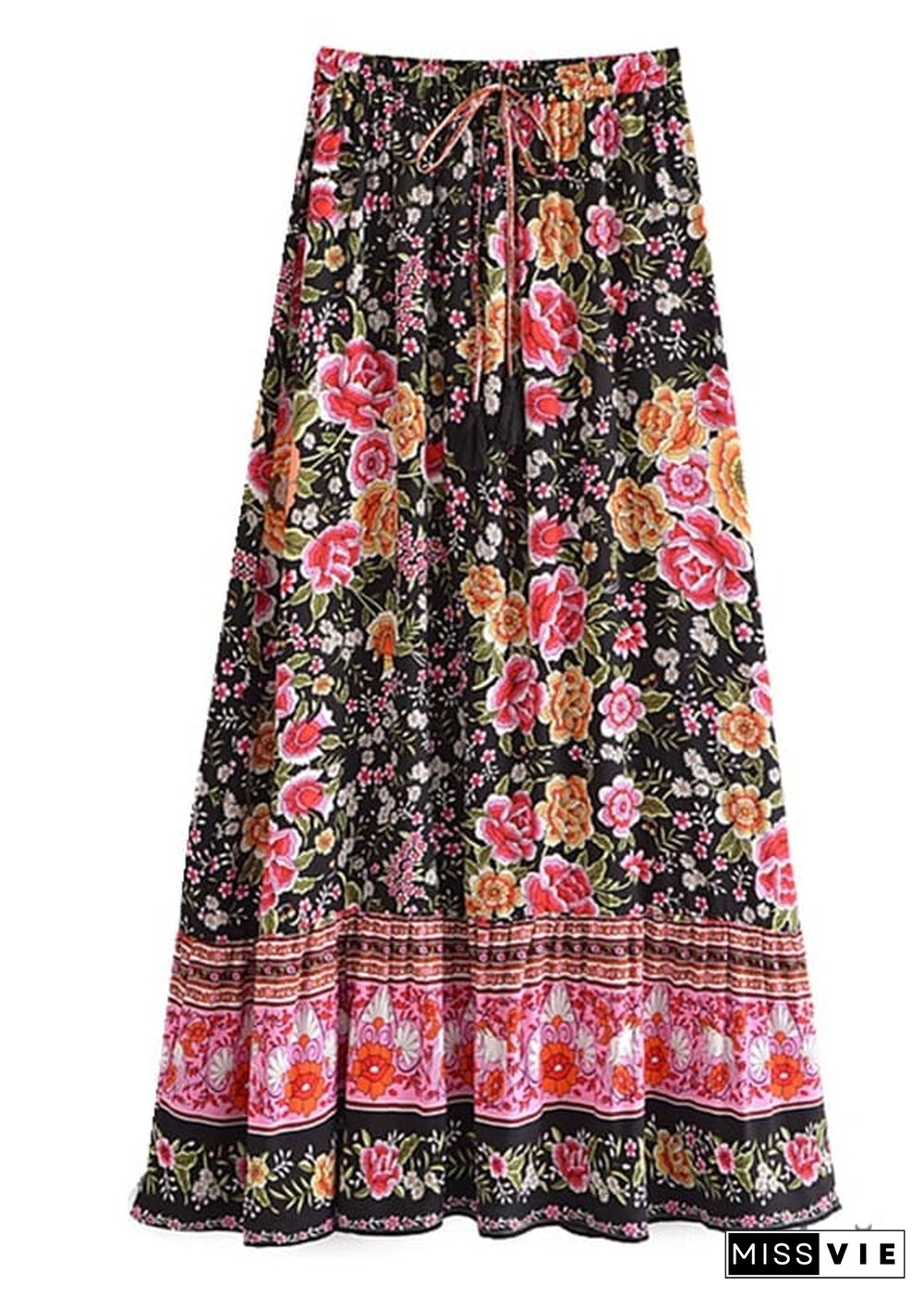 Boho Skirts in Eulalie Balck Pink Flower For Women