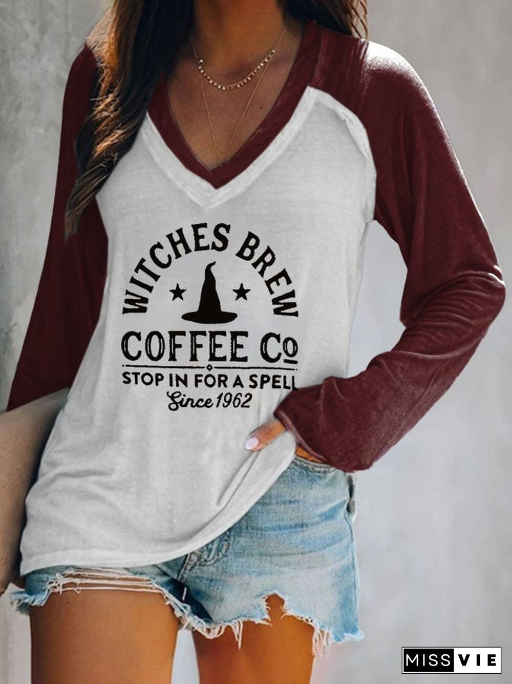 Women's Casual Witches Brew Coffee Co Stop In For A Spell Since 1962 Print Long Sleeve T-Shirt