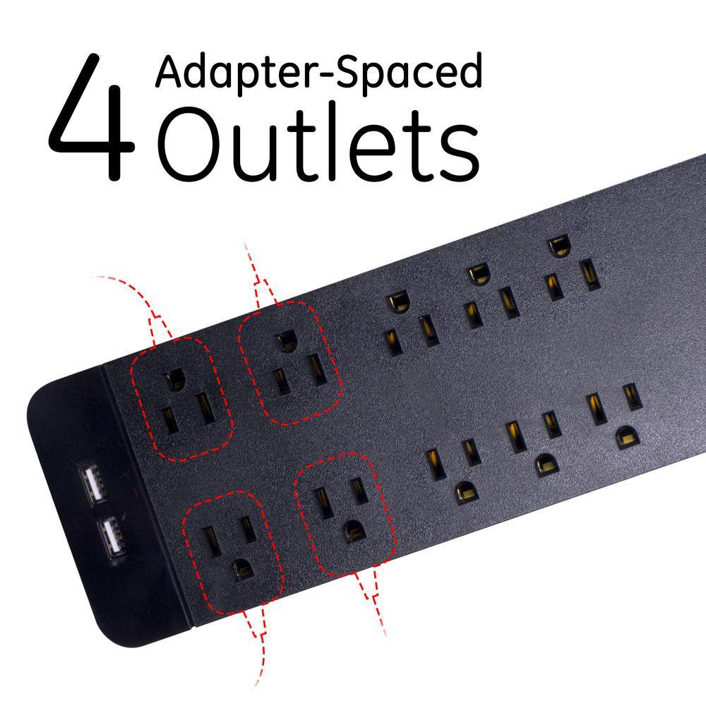 GE 4 ft. 163 10-Outlet 3540J Surge Protector Power Strip Extension Cord with USB Hub Black 37746