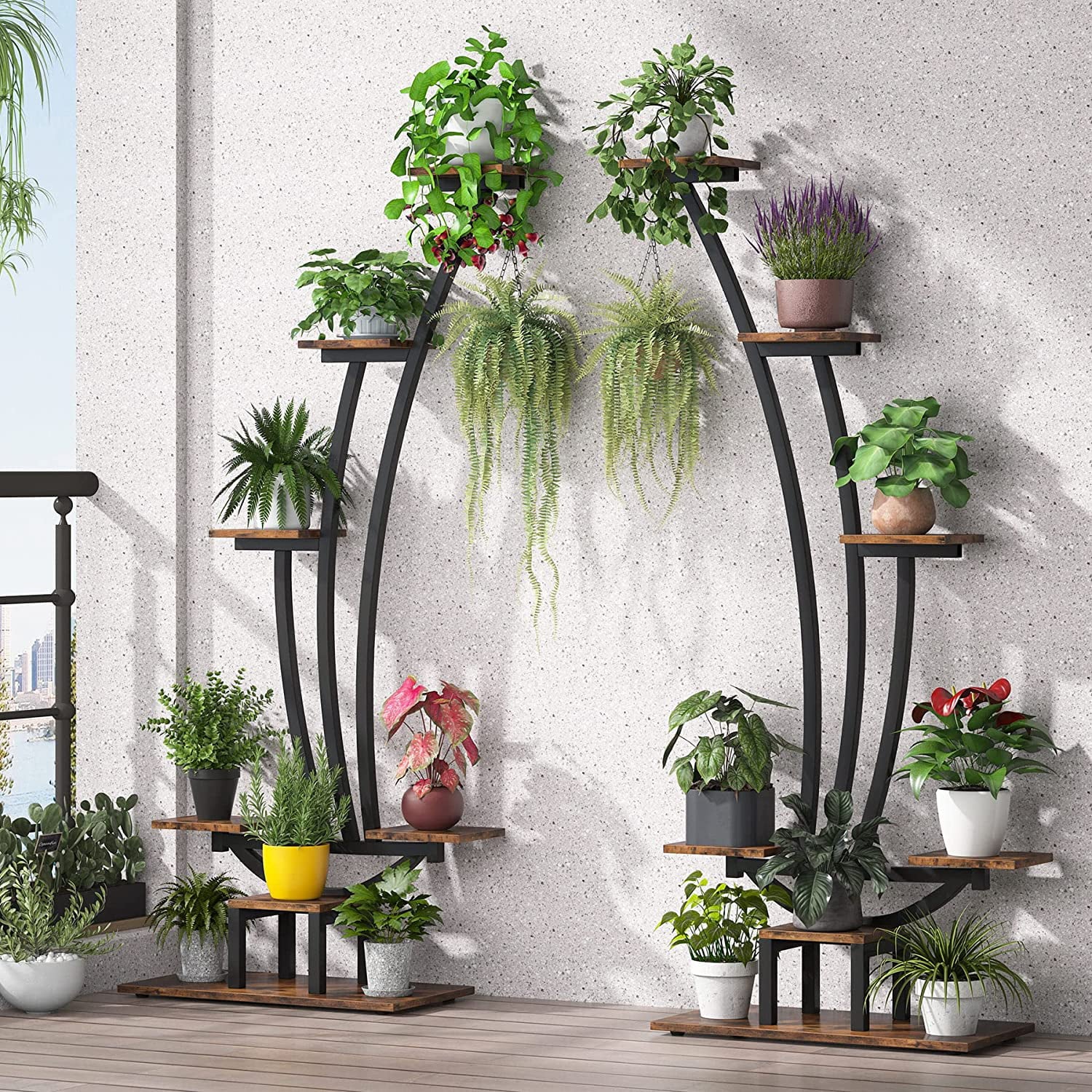 Tribesigns 6-Tier Tall Indoor Plant Stand Pack of 2, Metal Curved Display Shelf with 2 Hanging Hooks, Multi-Purpose Bonsai Flower Pots Plant Rack for Indoor, Garden, Balcony, Living Room, Brown