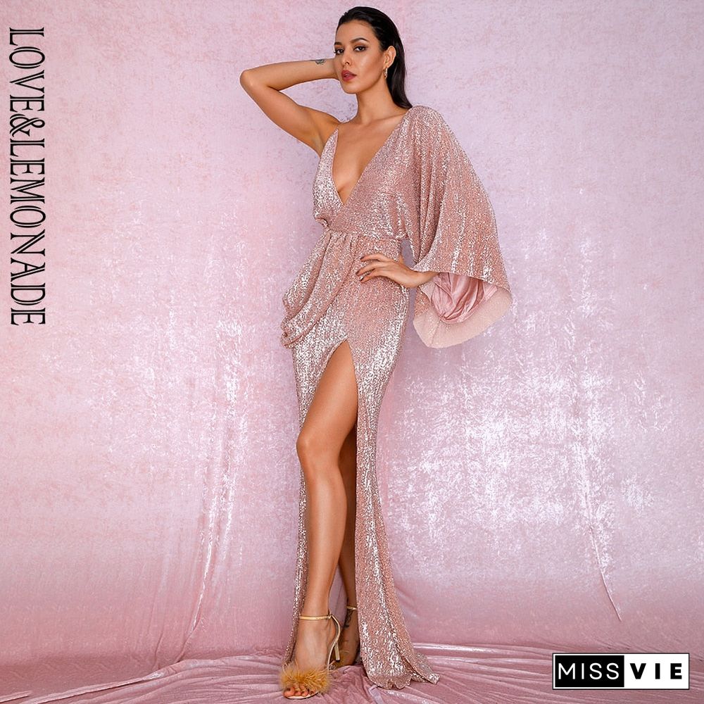 Love&Lemonade Sexy Rose Gold V-Neck Single Sleeve Sequins Split Party Maxi Dress Lm81848