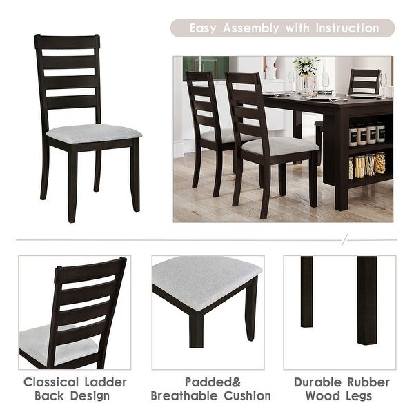 Farmhouse kitchen table set with 2 shelves and 4 upholstered dining chairs， 5 piece table set