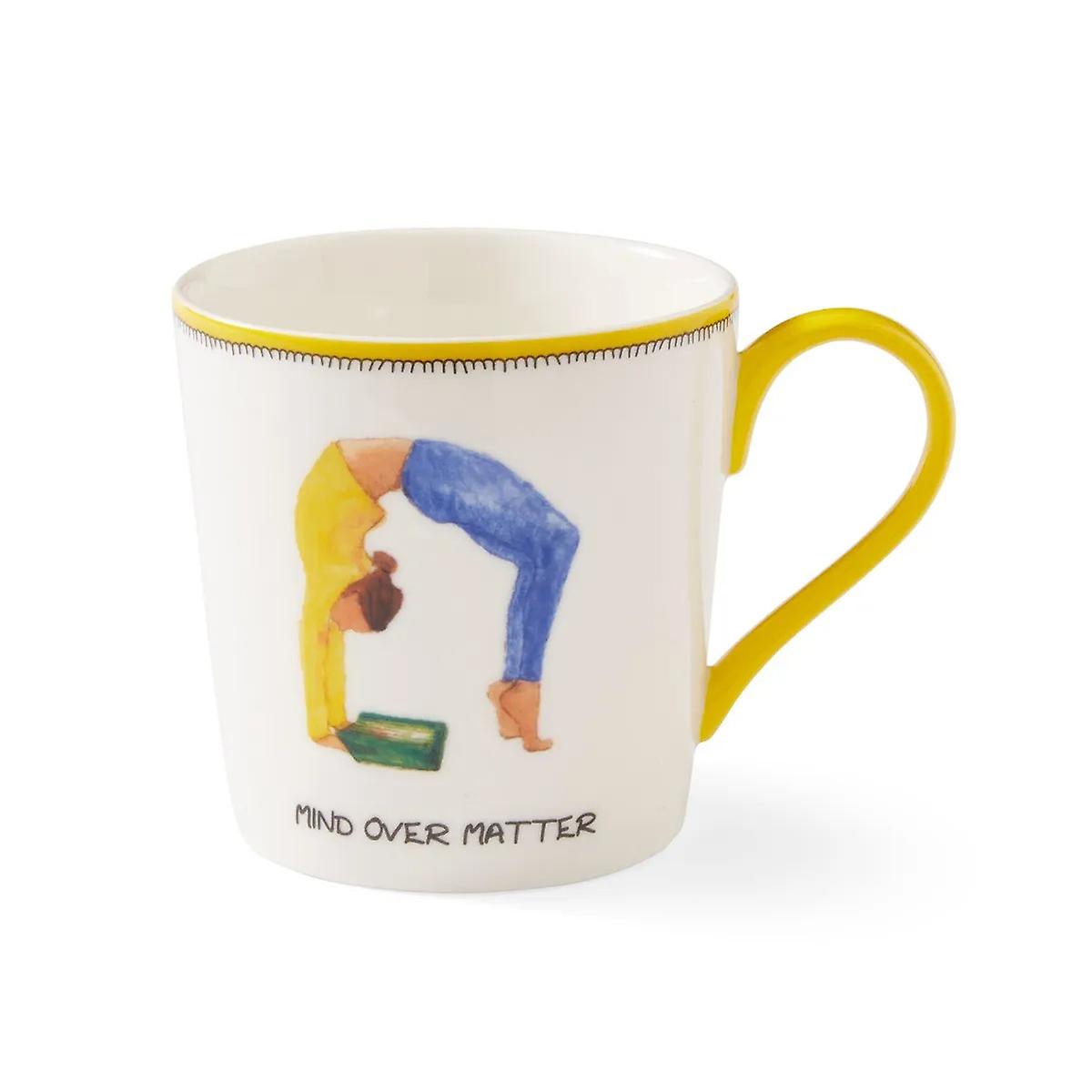 Spode Kit Kemp Doodles Mind Over Matter Mug Yellow Yoga Stretch