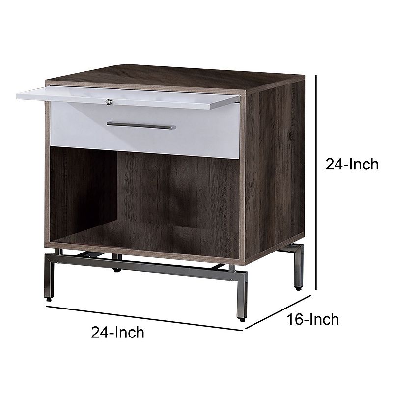 Wooden Accent Table with Open Storage and Pull Out Tray， Brown and White