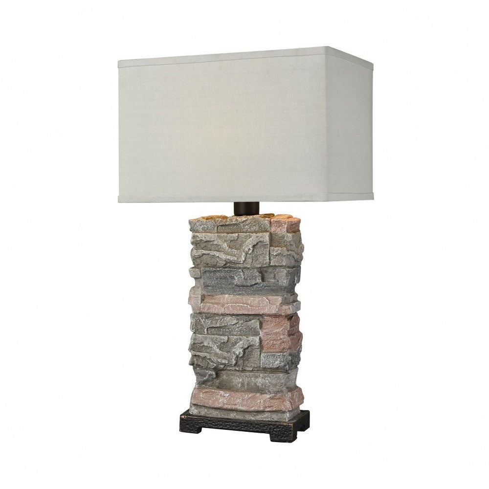 Stone Outdoor Table Lamp Made Of Composite with A Grey-Clear Linen Shade with An on/Off Socket Switch Bailey Street Home 2499-Bel-3335116