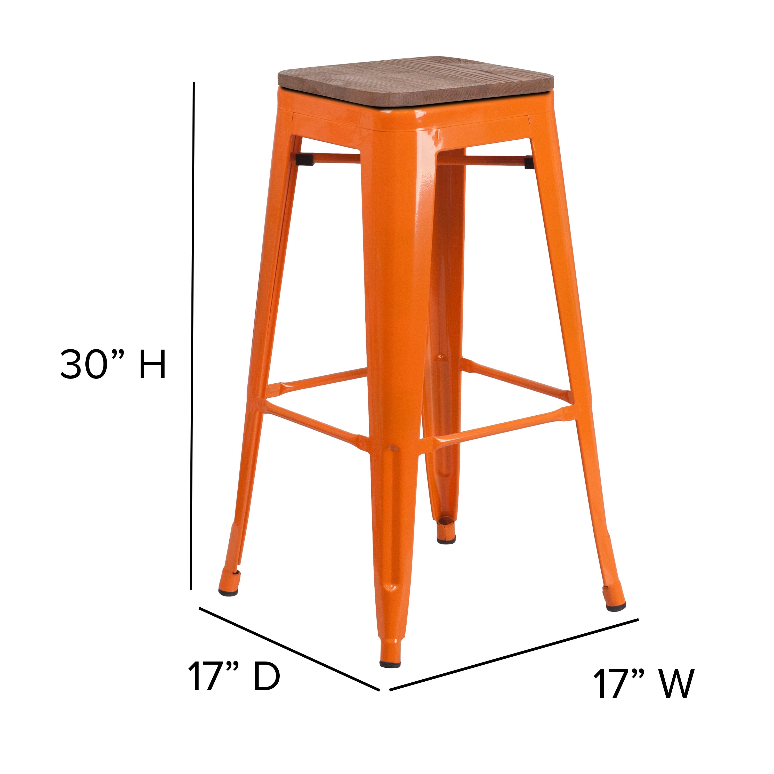 BizChair 30 High Backless Orange Metal Barstool with Square Wood Seat