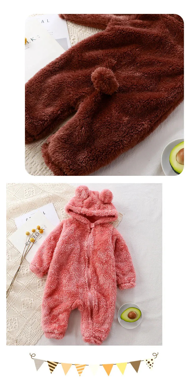 Thick Warm Baby Rompers Cute Winter Infant Jumpsuits Hooded Coral Fleece Bear Shape Newborn Soft Pajamas Overalls Clothing