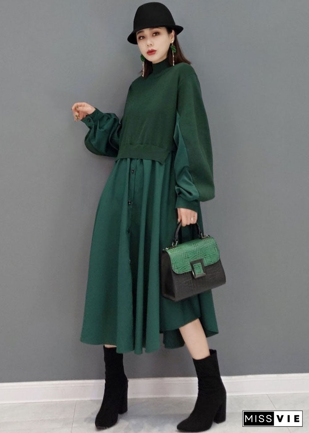 Women Green Stand Collar Patchwork Knit Cotton Shirt Dress Long Sleeve