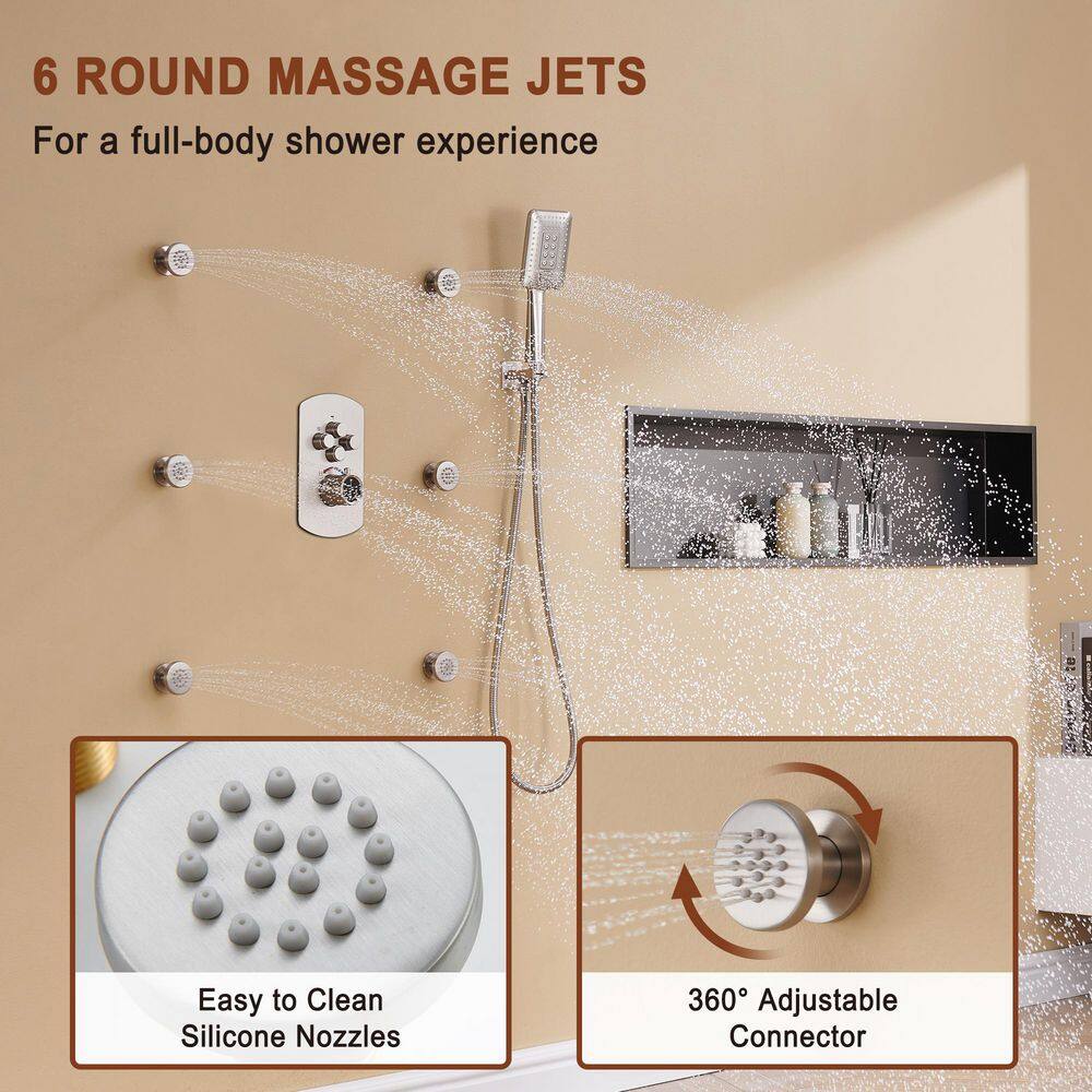 Mondawe Pressure Balanced 4-Spray Patterns 22 in. Wall Mounted Rainfall Dual Shower Heads with 6 Body Spray in Brushed Nickel WF6855-22BN