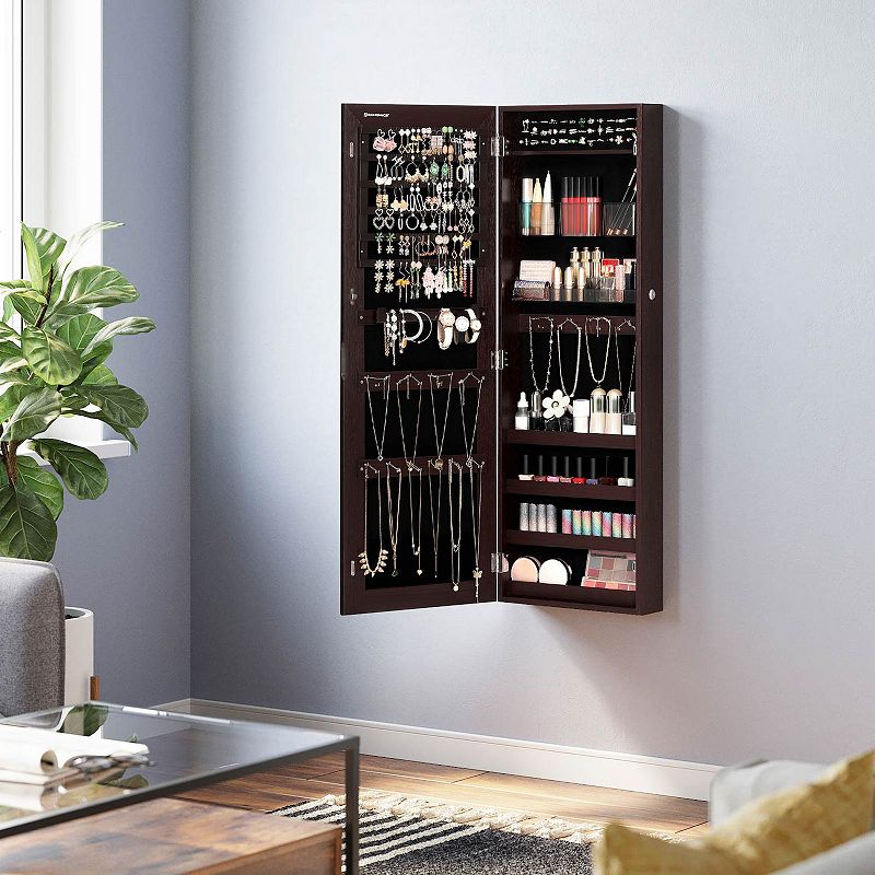 Mirror Jewelry Cabinet Armoire， Lockable Wall-Mounted Storage Organizer Unit