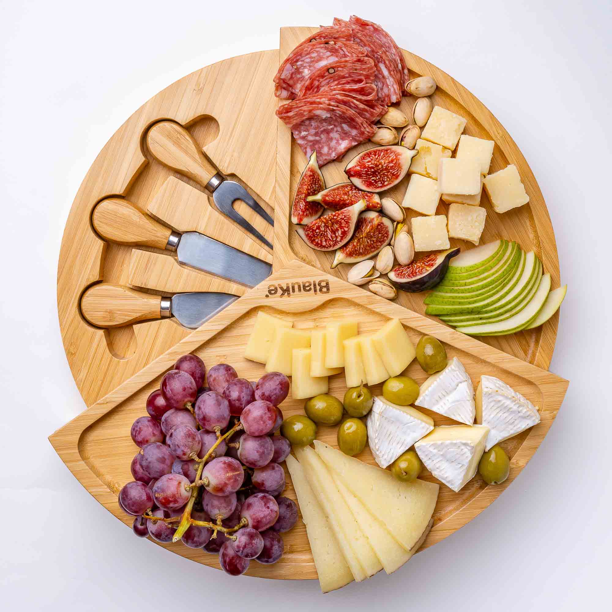 BlauKe® Bamboo Cheese Board and Knife Set – 14 inch Round Charcuterie Board， Serving Tray， Platter， Wood Cheese Board Set with Slide-Out Drawer