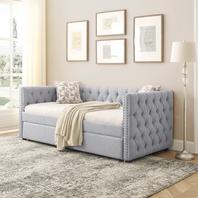 Daybed with Trundle Upgraded Linen Upholstered Twin Size Day Bed Button Tufted Sofa Daybed Frame