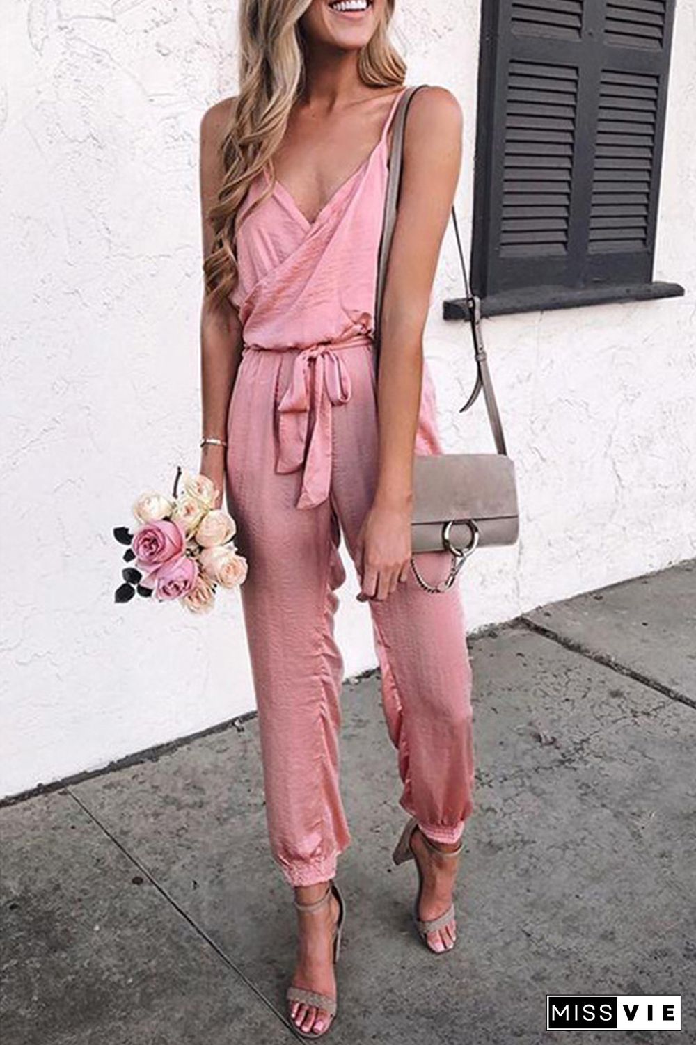 Pink Solid Color Slip Jumpsuit With Belt