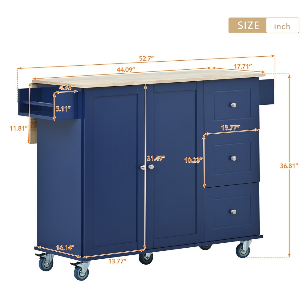 Rolling Mobile Kitchen Island with Drop Leaf   Solid Wood Top  Locking Wheels   Storage Cabinet and 3 Drawers